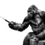 Selfie-taking gorilla with smartphone and selfie stick for social media.